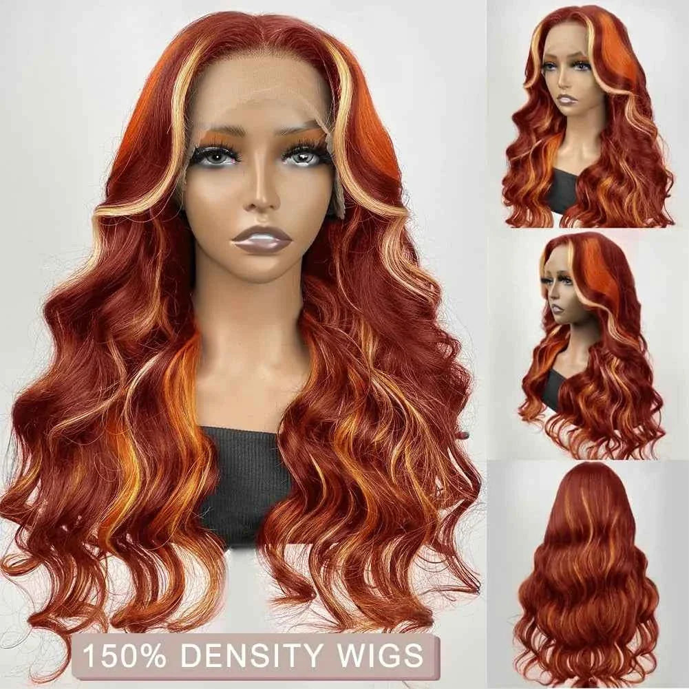 Burgundy highlight wig with ginger and honey blonde body wave, 40-inch ombre lace front, 13x6 HD lace frontal.