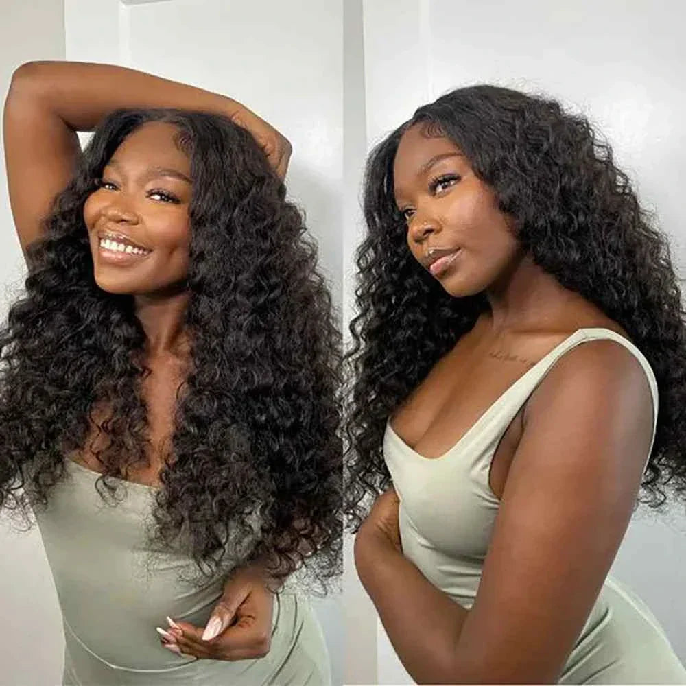 Curly wave frontal wig with deep curly waves, 210 density, HD lace, pre-bleached knots, made of human hair.