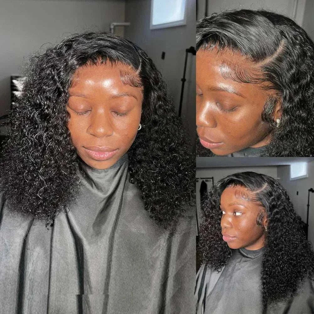 13x4 transparent lace water wave human hair wig with pre plucked hairline, HD lace front, curly Brazilian Remy hair.