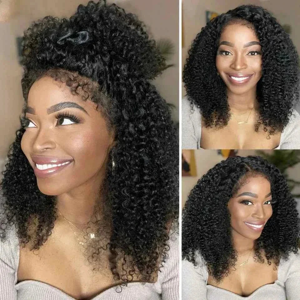 Kinky curly bob human hair wig with 4C edges and natural hairline, transparent lace front, 13x4 short curly bob closure.
