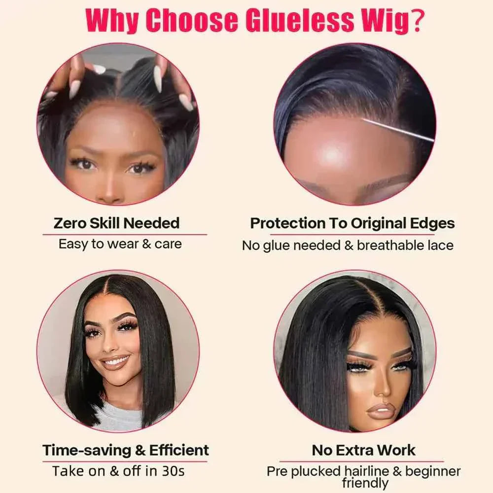 Glueless bob wig, 100% human hair, 4x4 lace, ready to wear, pre-cut, straight style.