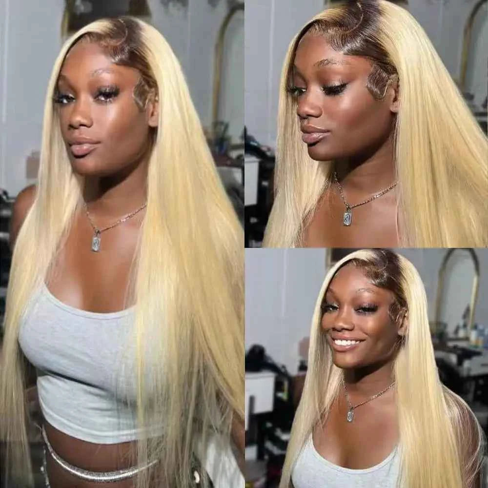 1B/613 Blonde HD lace front wig on a model showcasing ombre color and 200% density.