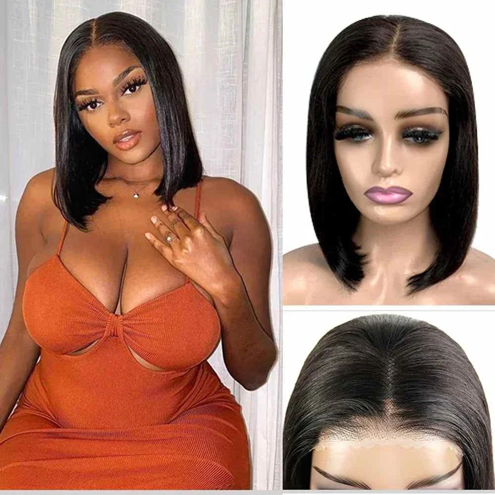 Glueless 4x4 straight bob wig, 100% human hair, pre-cut lace, ready to wear.