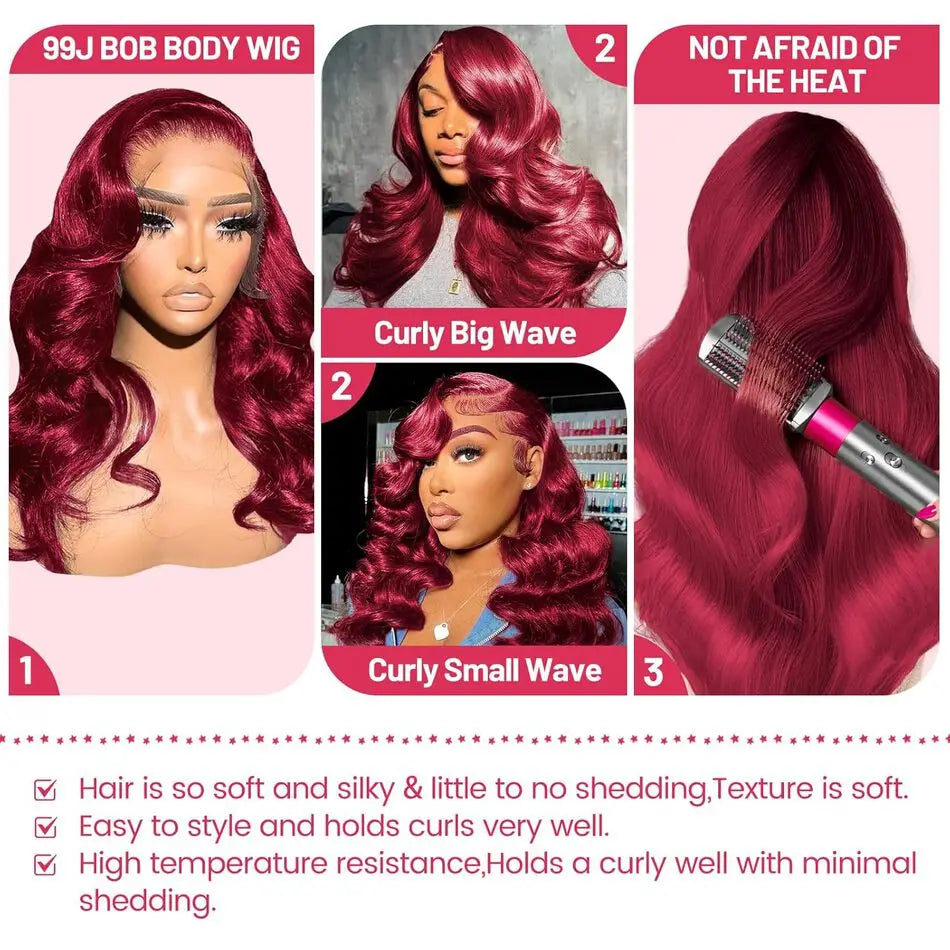 99J Burgundy Lace Front Wigs Human Hair Pre Plucked 220% Density HD Transparent Body Wave Lace Front Wigs