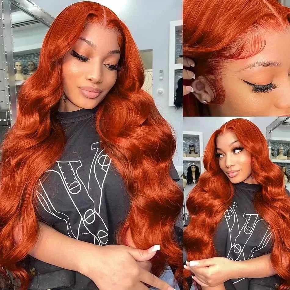 220% body wave ginger orange 13x6 transparent lace front human hair wig.