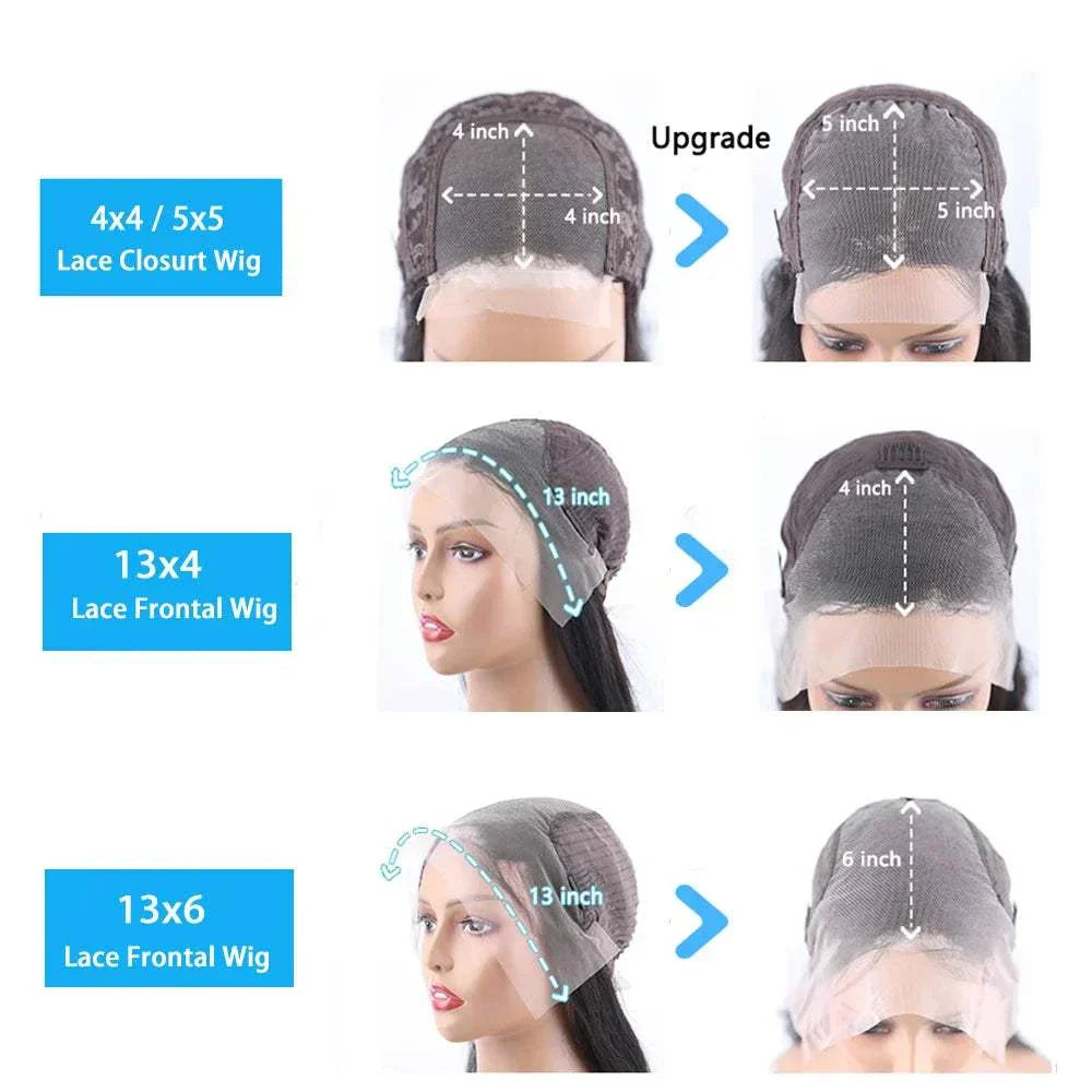 13x4 Deep Water Curly Lace Front Wigs with Transparent Water Wave Lace, Human Hair, 180-200 Density, 13x6 HD Lace Options, Image Showing Cap Styles and Size Upgrades.