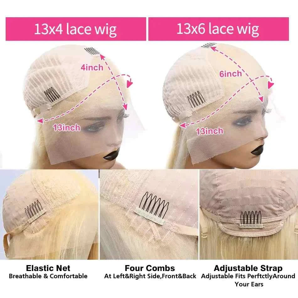1B/613 Blonde lace front wig with 13x4 and 13x6 options, adjustable strap, and four combs, showcasing elastic net for comfort.