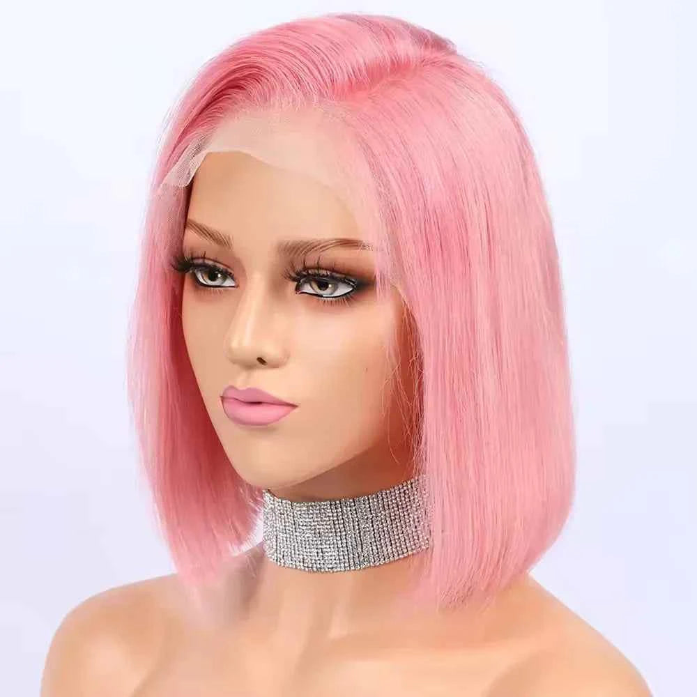 Brazilian pink bob straight lace frontal wig, glueless, human hair, 180% density.
