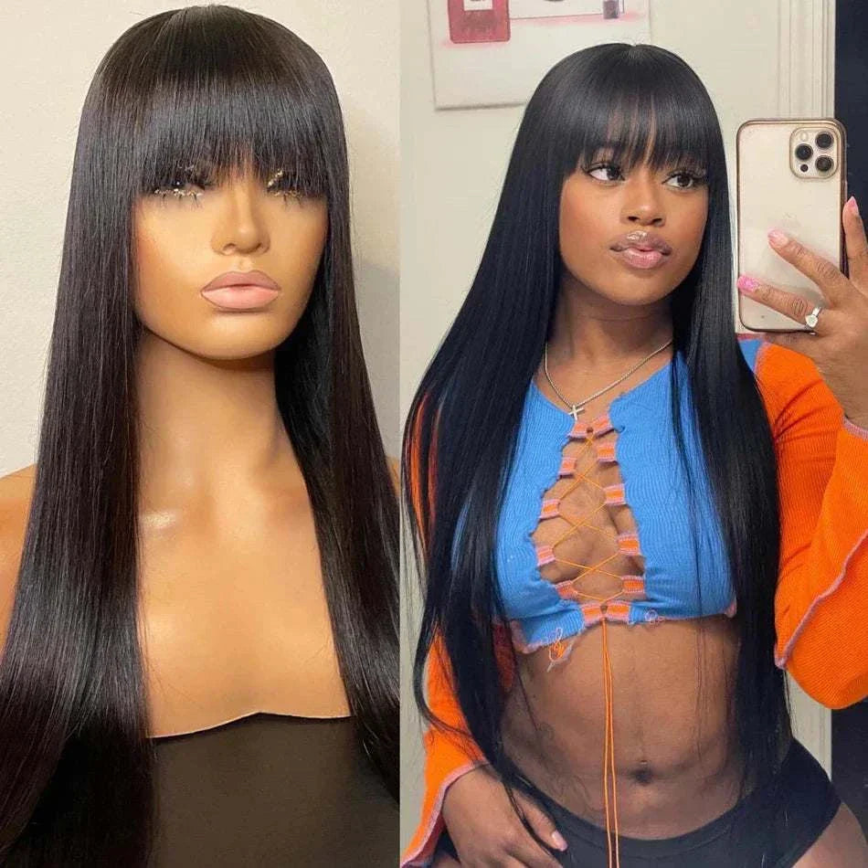 100% human hair straight Brazilian bob wig with bangs, 30-inch, glueless, full machine made, City African Wigs.