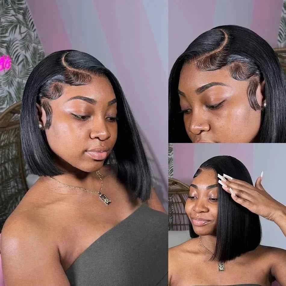 Bone short bob wig human hair lace frontal HD straight glueless.