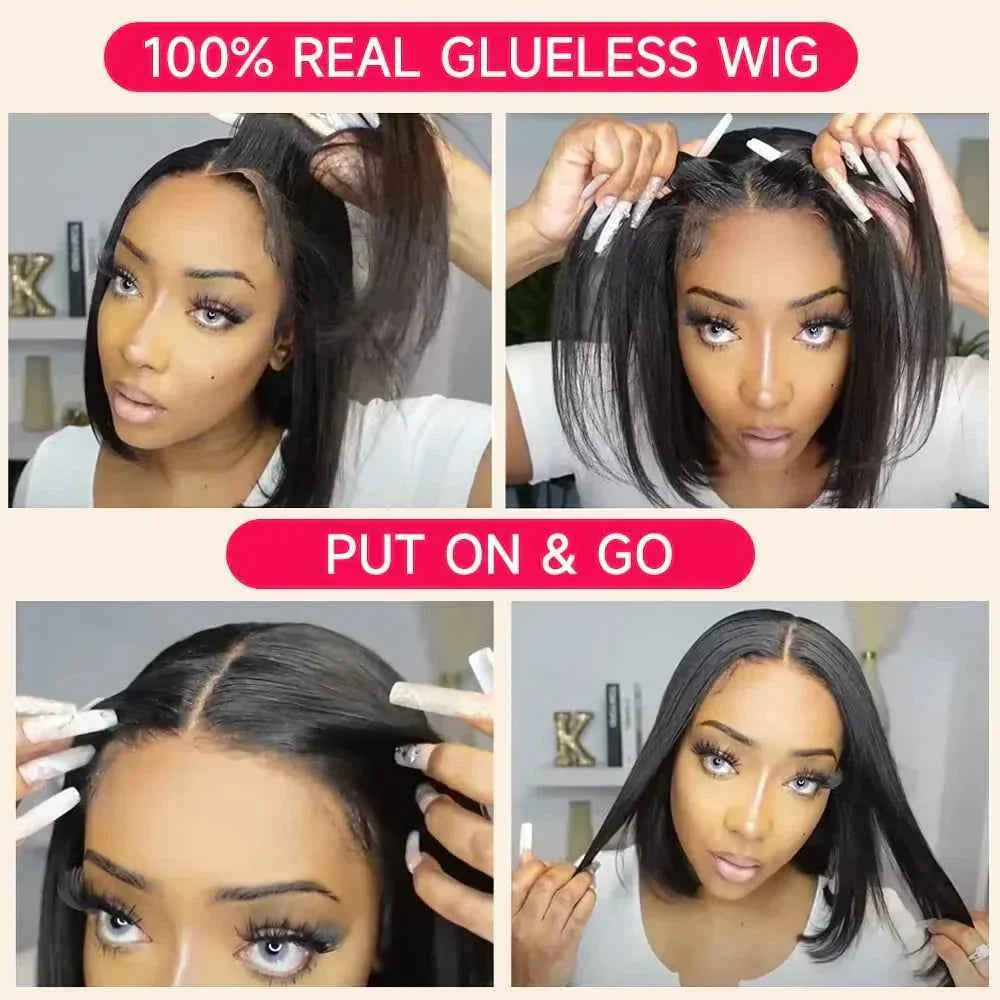 Glueless 100% human hair bob wig, straight pre-cut lace, easy wear.