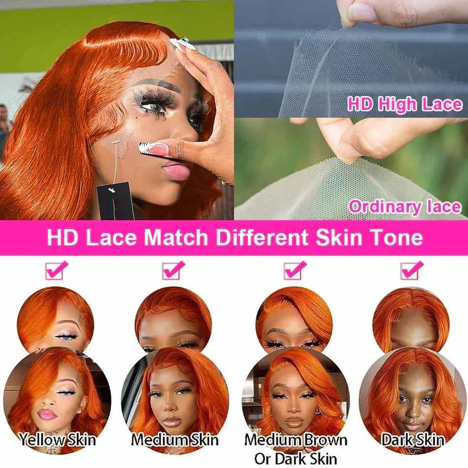 220% Body Wave Ginger Orange Human Hair Wig with Transparent Lace Front