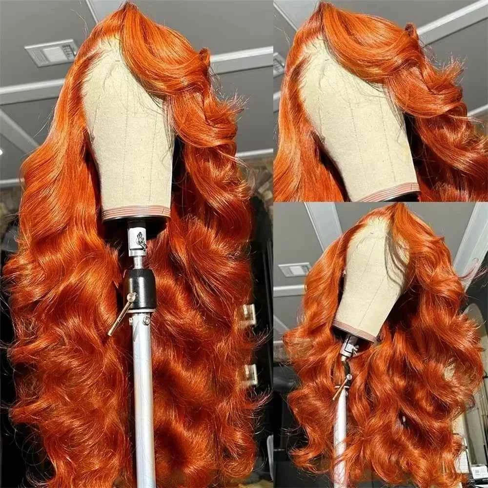 220% body wave ginger orange lace front human hair wig on display mannequin.