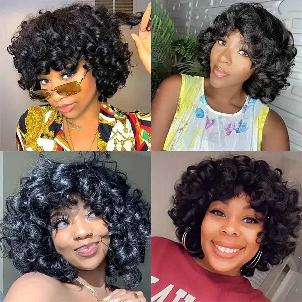 Brazilian Rose Curl Pixie Cut Wig, Human Hair with Bangs, Water Wave Short Bob, Preplucked.