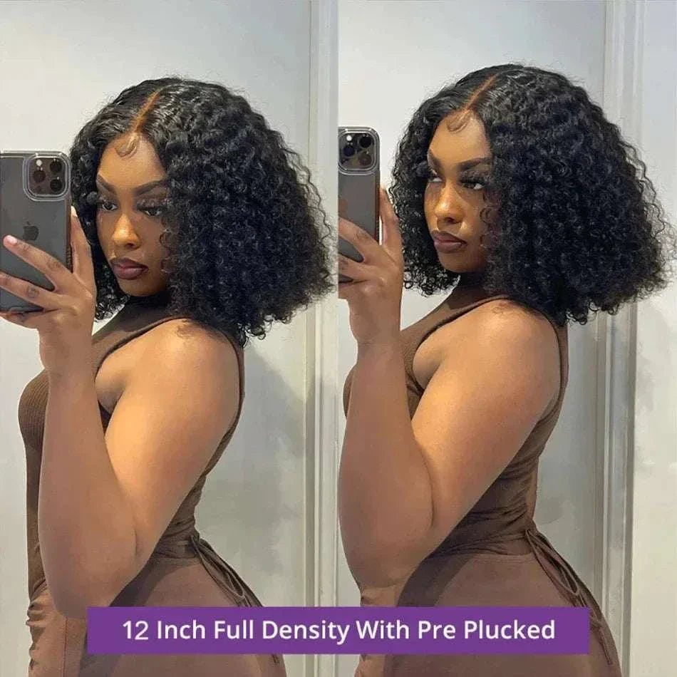 13x4 transparent lace water wave human hair wig with pre-plucked hairline and HD lace front, Brazilian Remy, 12-inch curly style.