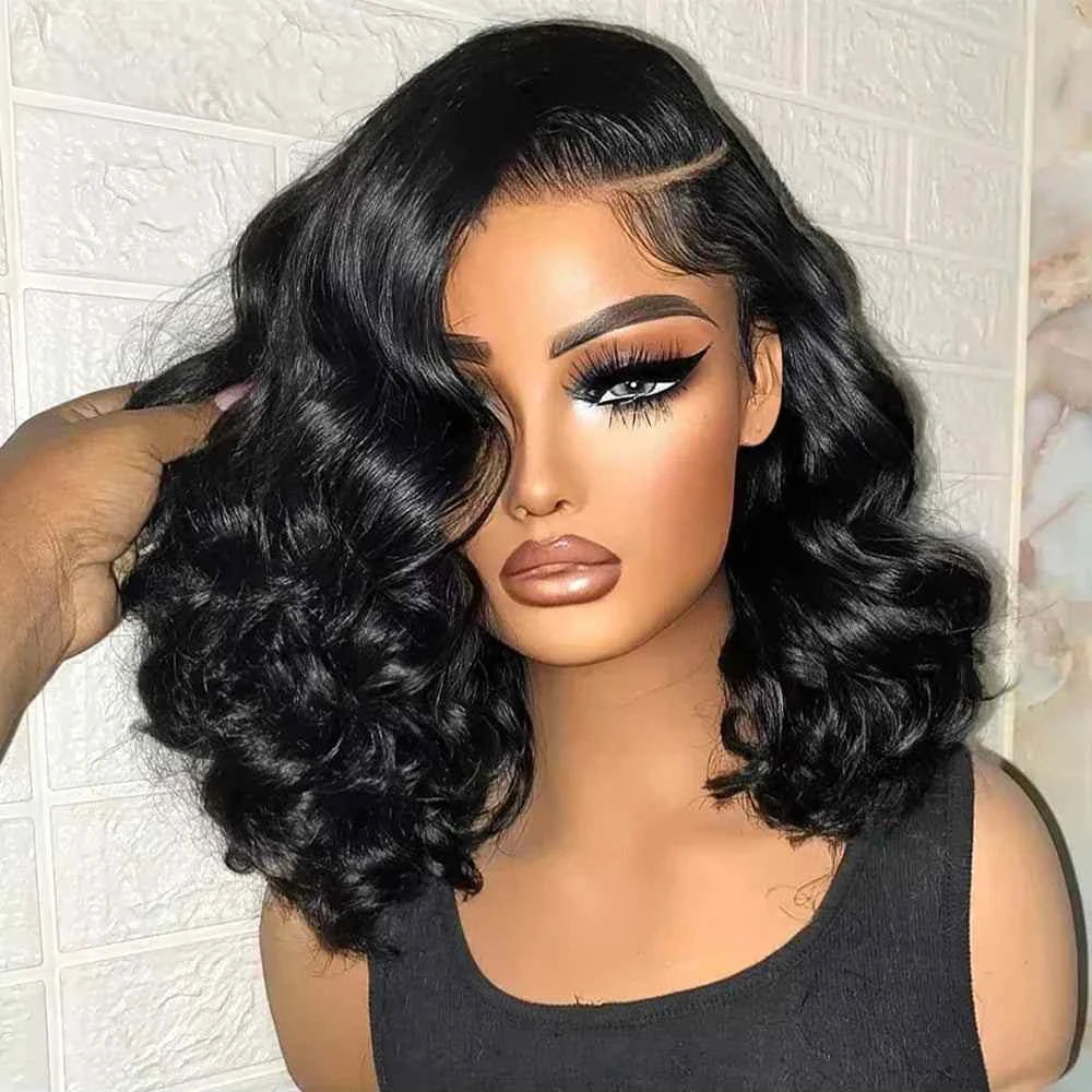 Short bob wig with transparent lace, Brazilian human hair, glue-less design.