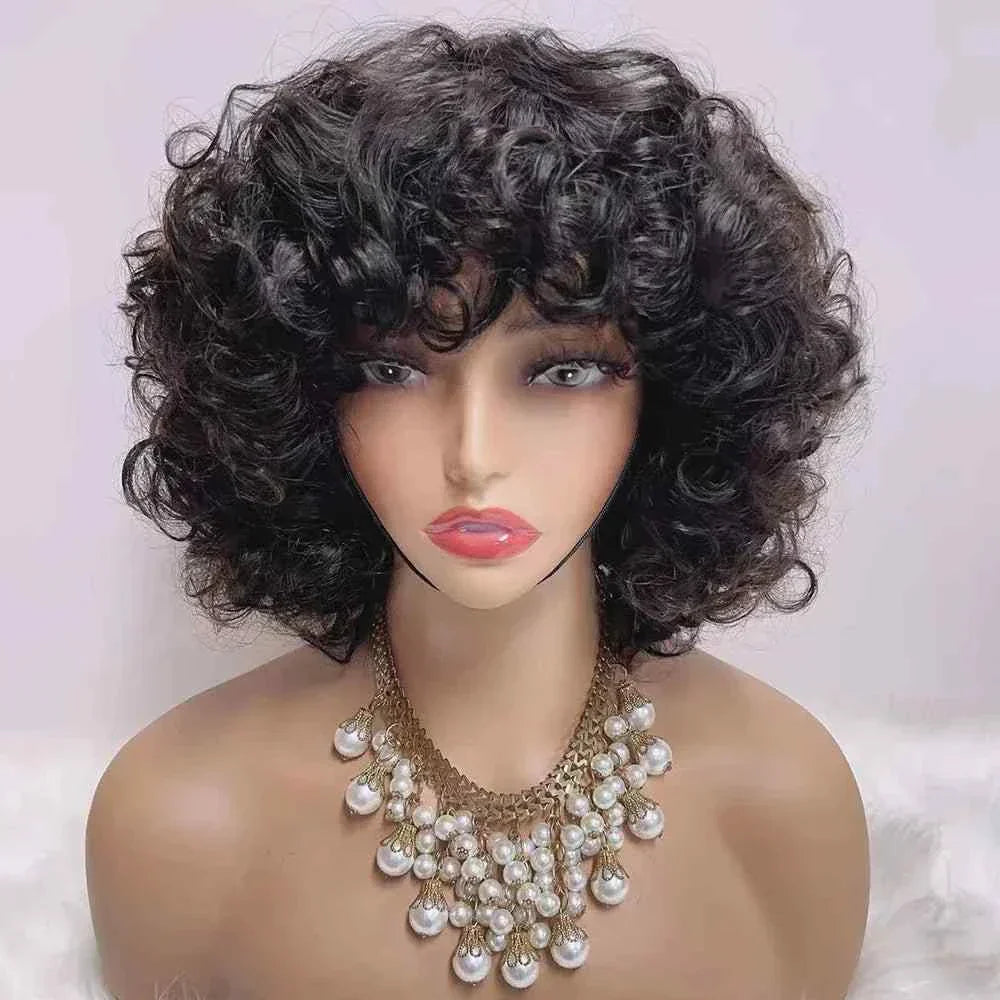 Brazilian Rose Curl Pixie Cut Wig with Bangs, Human Hair Short Bob, Water Wave, Preplucked.
