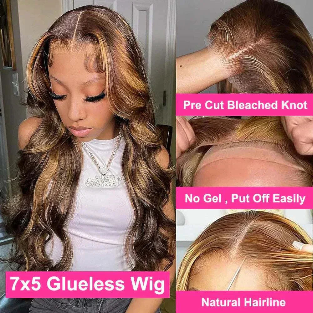 Highlight ombre wig with body wave texture, HD lace frontal, glueless design, and natural hairline.