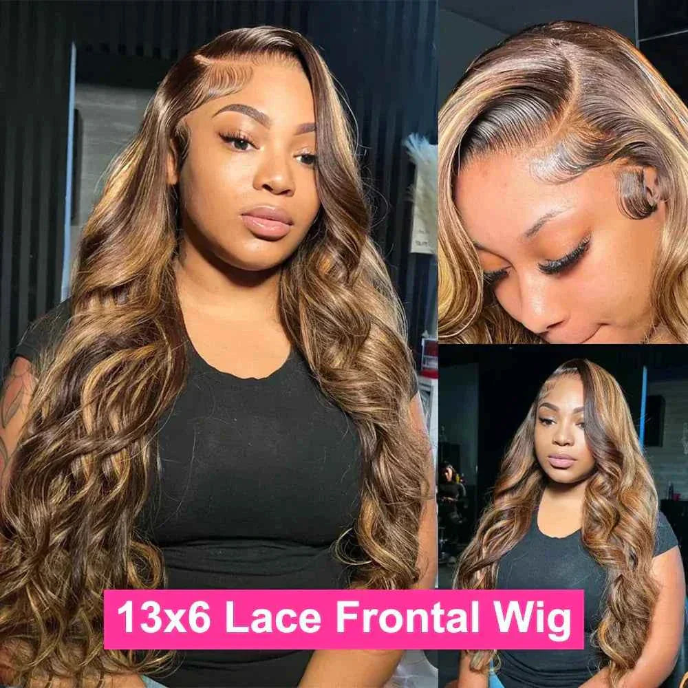 Highlight ombre body wave wig with HD lace frontal, Remy human hair, glueless design by City African Wigs.