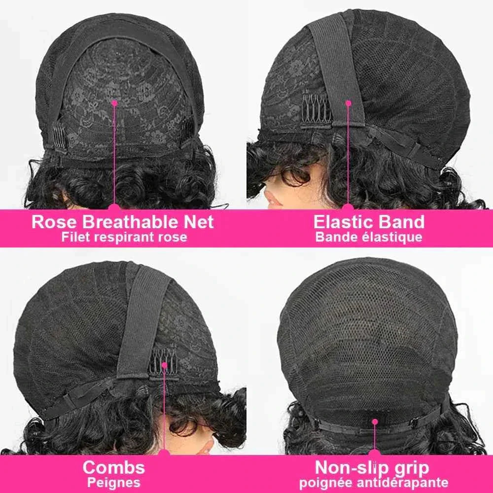 Brazilian rose curl pixie cut wig with breathable net, elastic band, combs, and non-slip grip.
