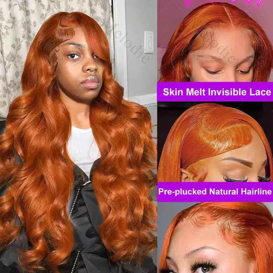 Body Wave Ginger Orange Human Hair Wig with HD Lace Front, 250 Density.