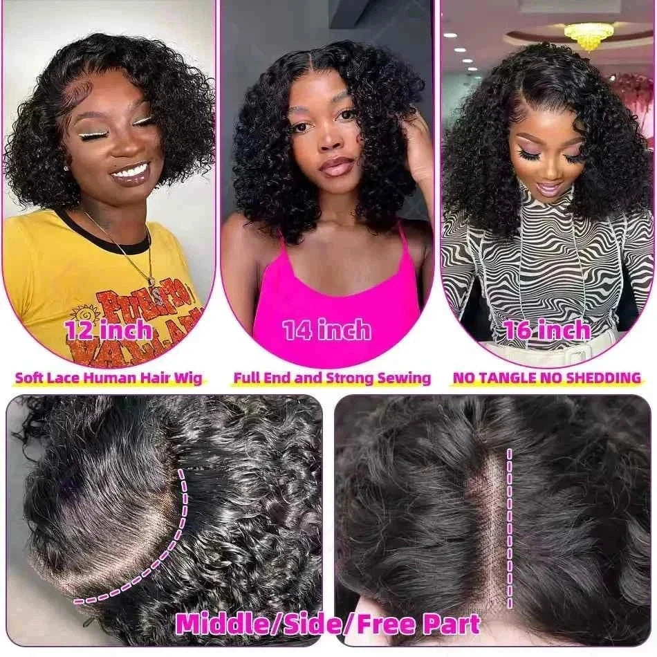 100% human hair curly short bob wig with HD lace frontal, available in 12, 14, and 16 inches, Brazilian deep wave style, glueless design for women.