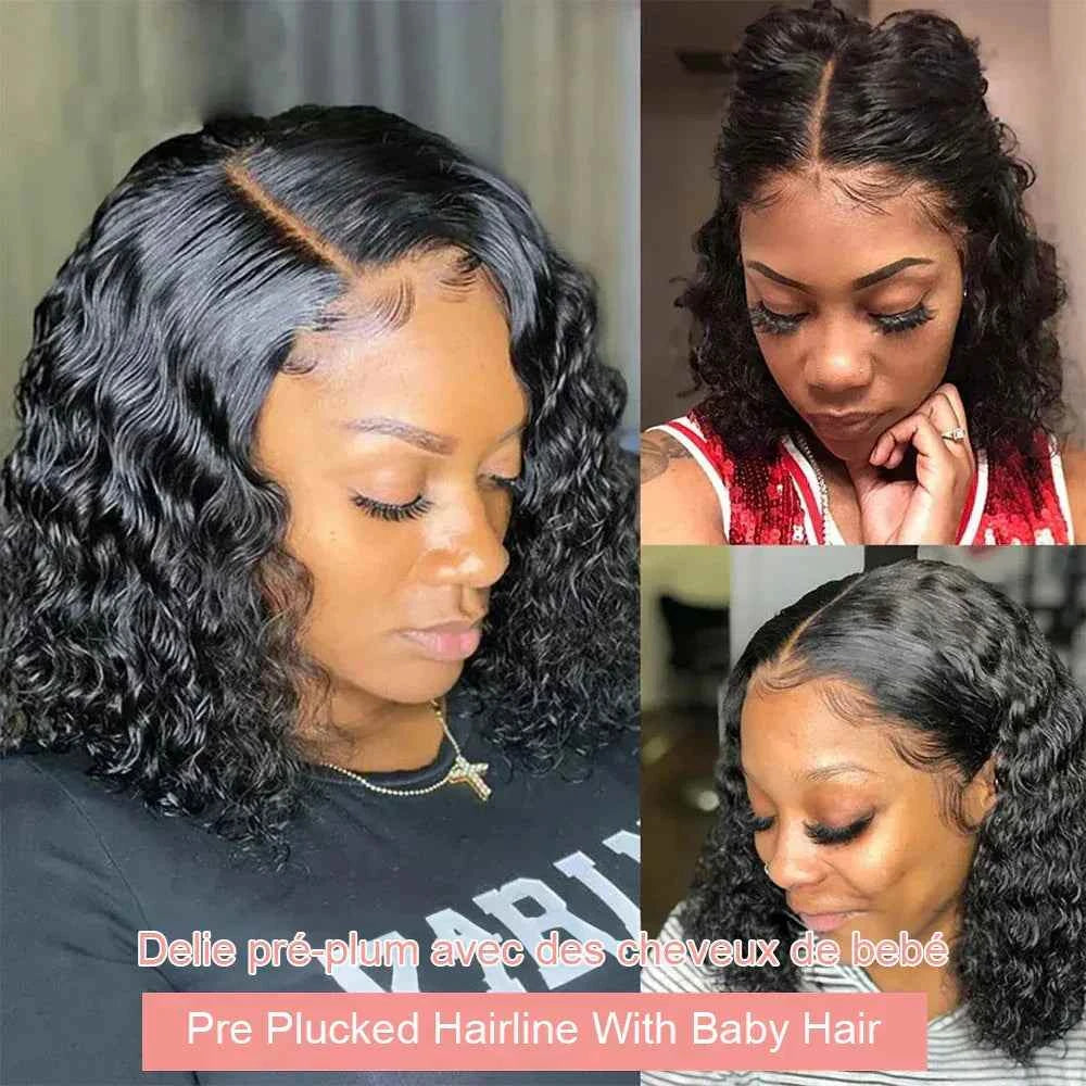Short curly bob lace front wig, loose deep wave Brazilian human hair, natural black pixie cut.