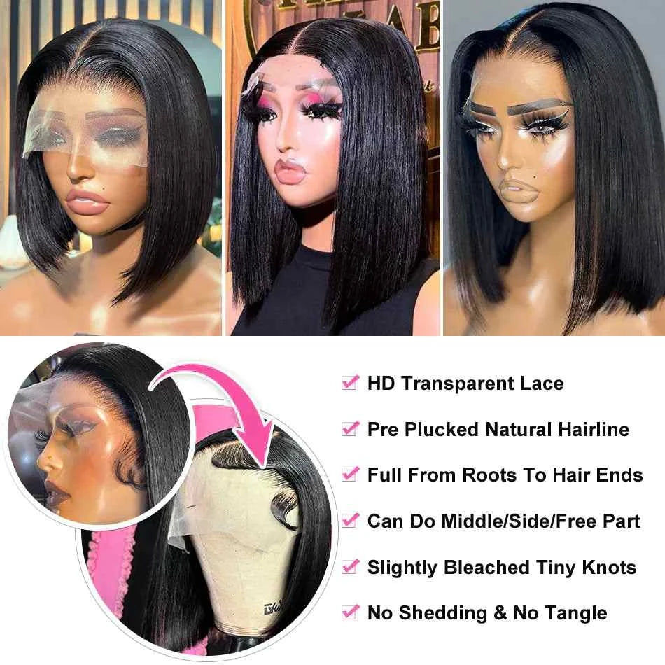 Bone short bob wig with HD lace frontal, straight human hair, glueless design.