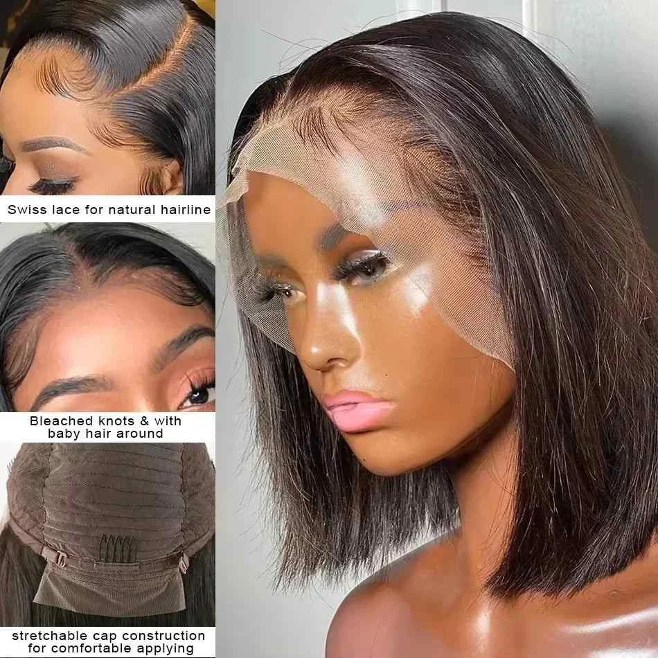 Bone short bob wig with human hair lace frontal, HD straight, glueless design.