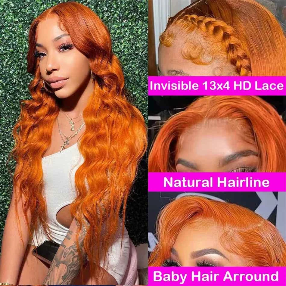 220% body wave ginger orange 13x6 transparent lace front human hair wig with natural hairline and baby hair.