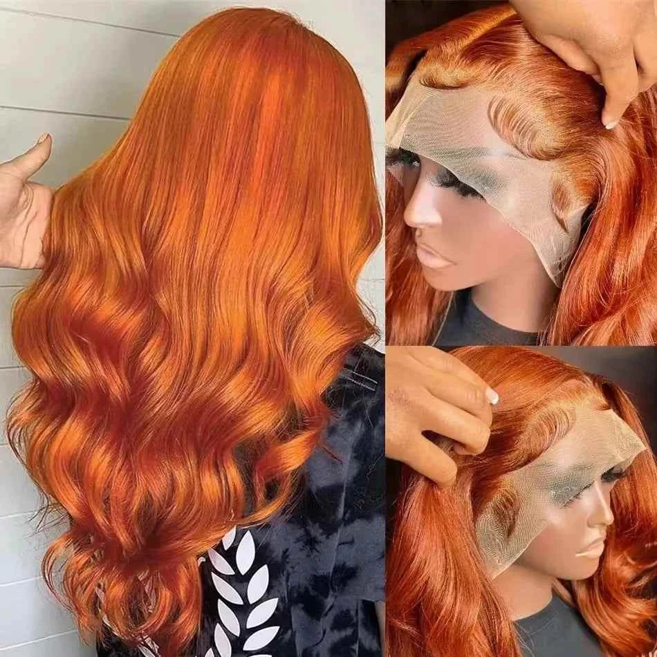 220% Body Wave Ginger Orange Lace Front Human Hair Wig with 13x6 Transparent Lace Frontal Remy Hair