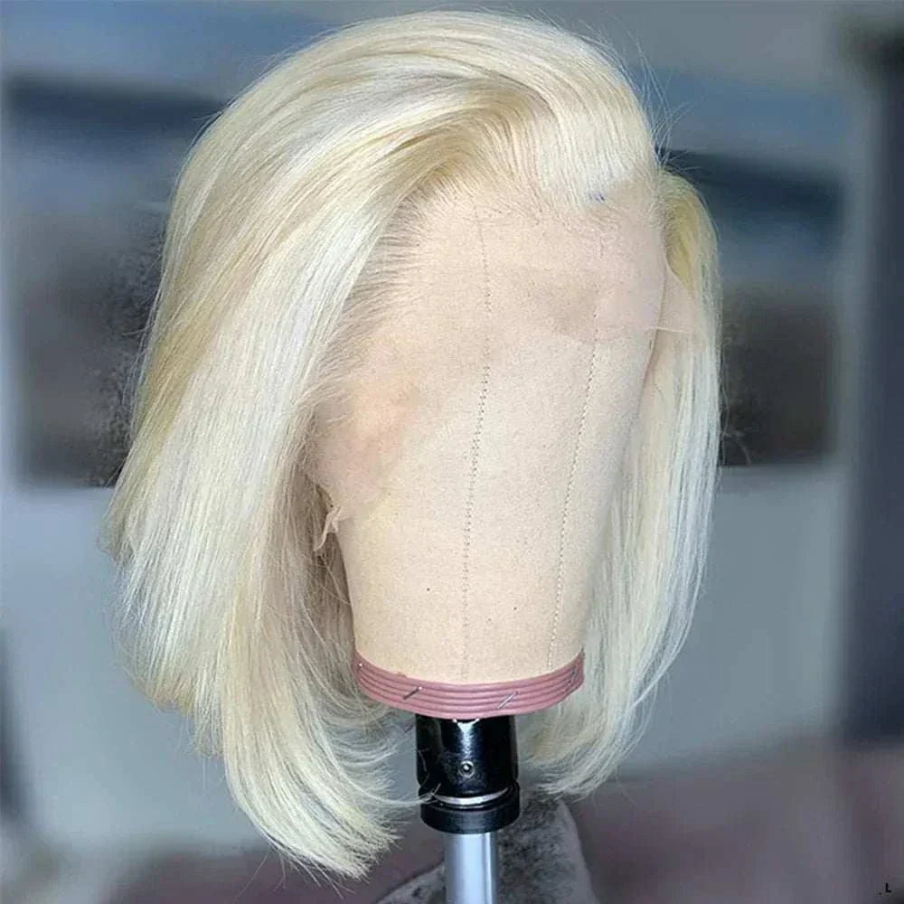 13x4 platinum ash blonde lace front bob wig, HD transparent lace, Brazilian virgin human hair, pre-plucked natural hairline, short straight style.