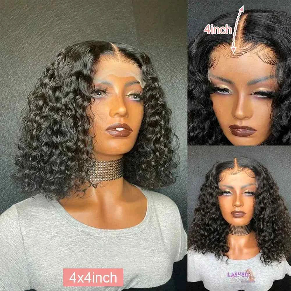 Short curly bob human hair wig with loose deep wave, natural black color, pixie cut, lace front.