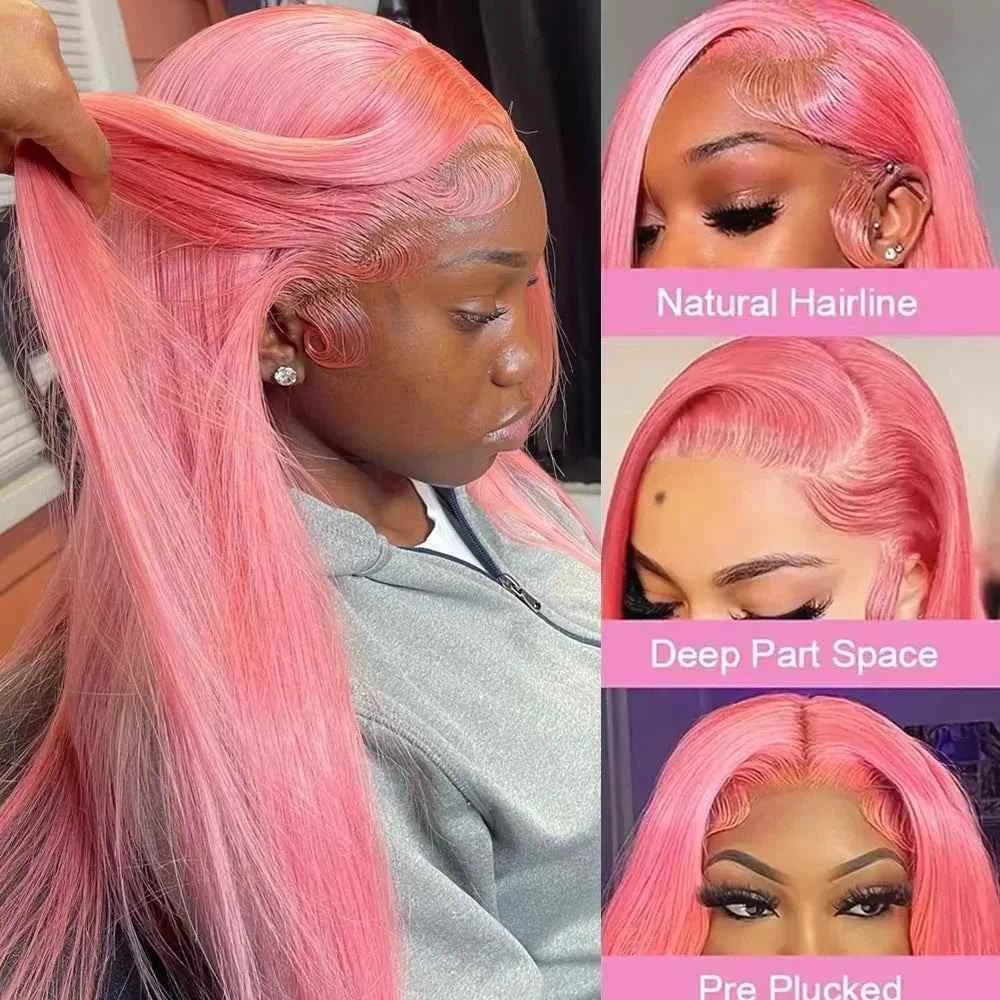 Pink 13x4 HD lace front wig, bone straight Brazilian human hair, natural hairline, deep part, pre-plucked, light pink color.