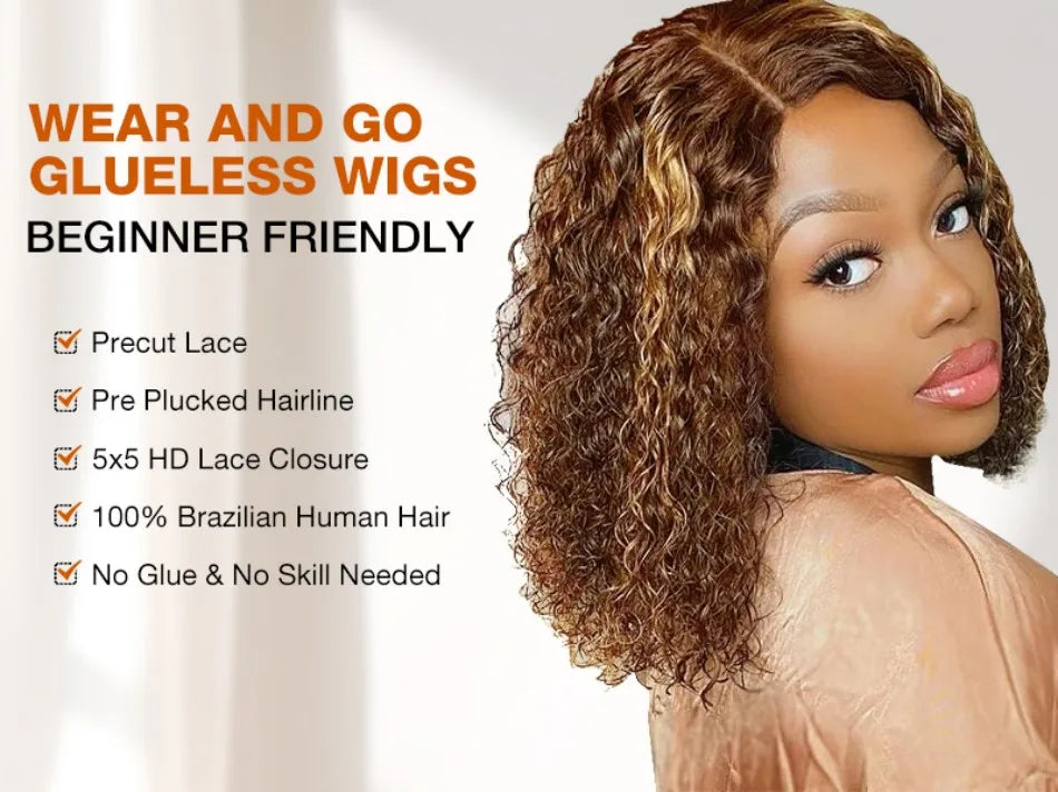 10 Inch 427 Bob Curly Wigs Human Hair with Draw String Glueless Wear And Go Pre Plucked Pre Cut Deep Wave Lace Front 220 Density