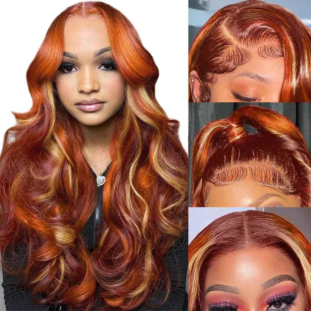 Burgundy highlight wig with ginger and honey blonde, 40-inch body wave, 13x6 HD lace frontal.