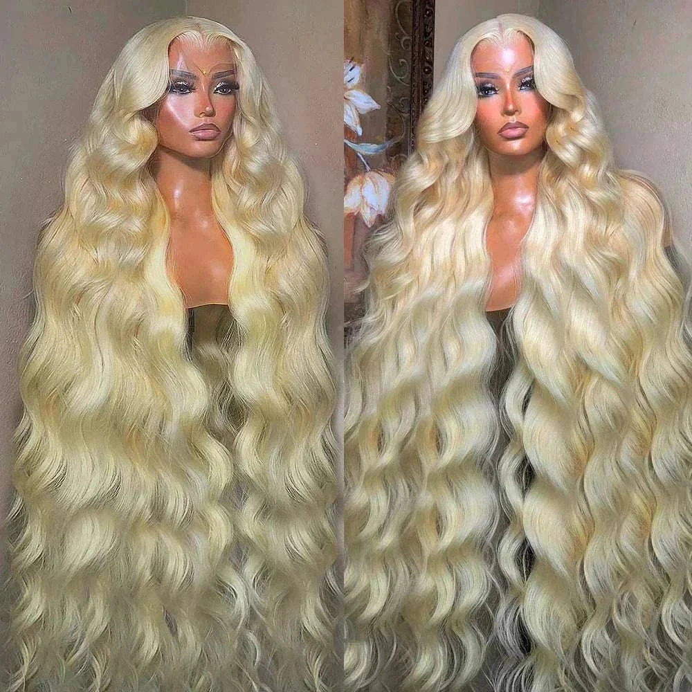 Chic honey blonde body wave lace wig with long, wavy authentic human hair.