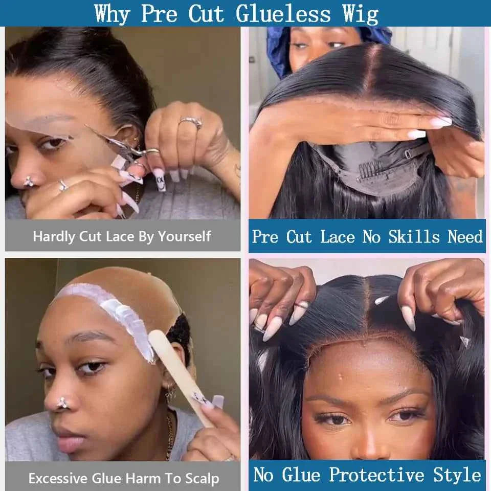 Glueless 4x4 HD lace short bob wig being styled, showing pre-cut lace and no glue application.