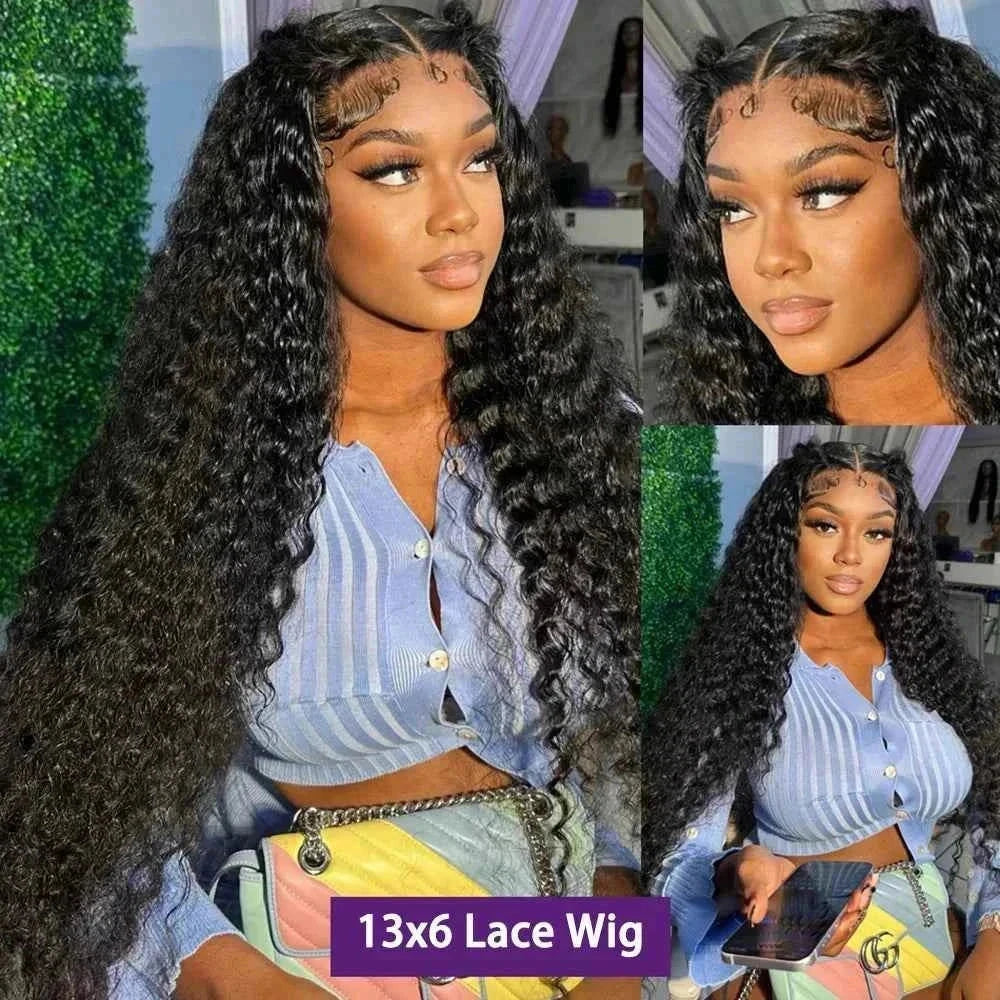Deep wave human hair wig with 220% density, HD lace frontal, pre-plucked hairline, and curly texture.