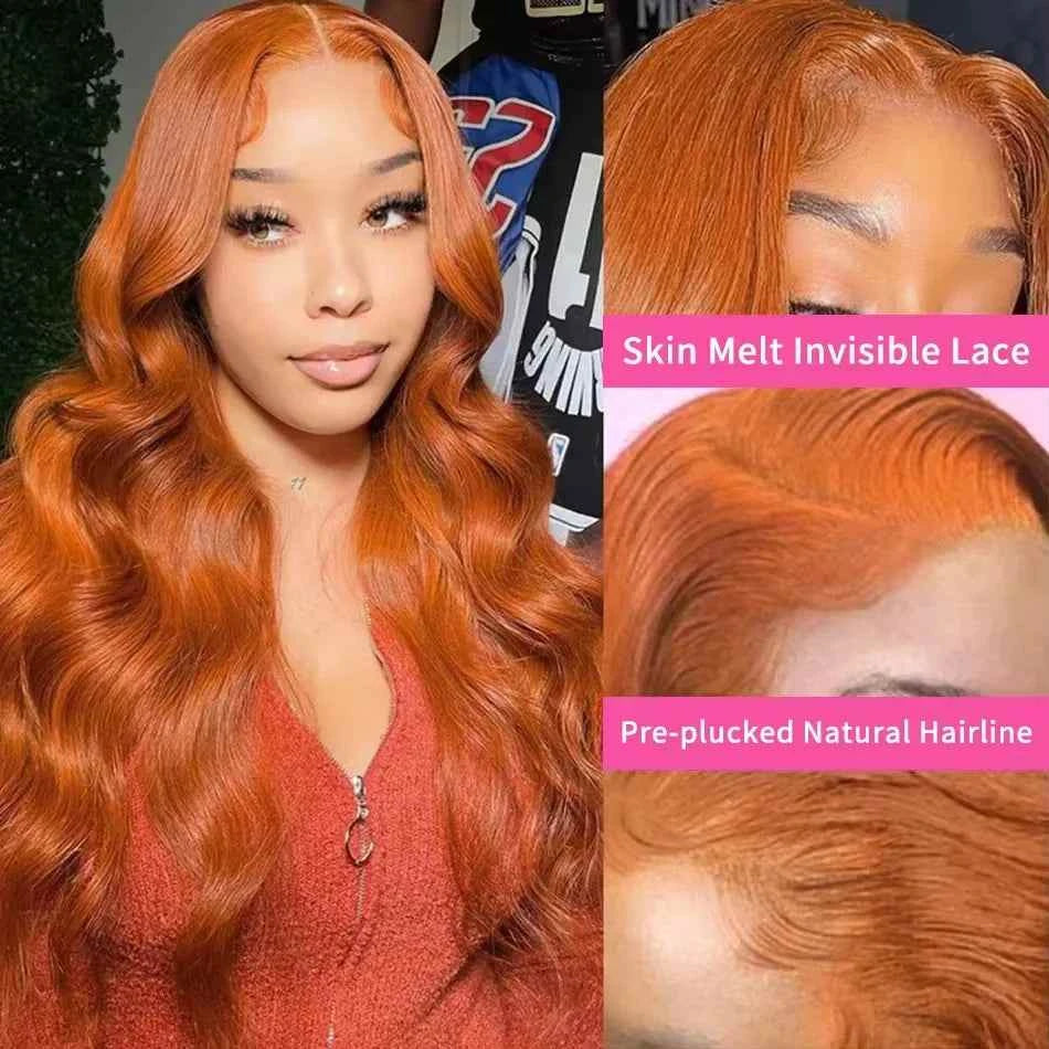 220% body wave ginger orange human hair wig with transparent lace front, featuring pre-plucked natural hairline and skin melt invisible lace.