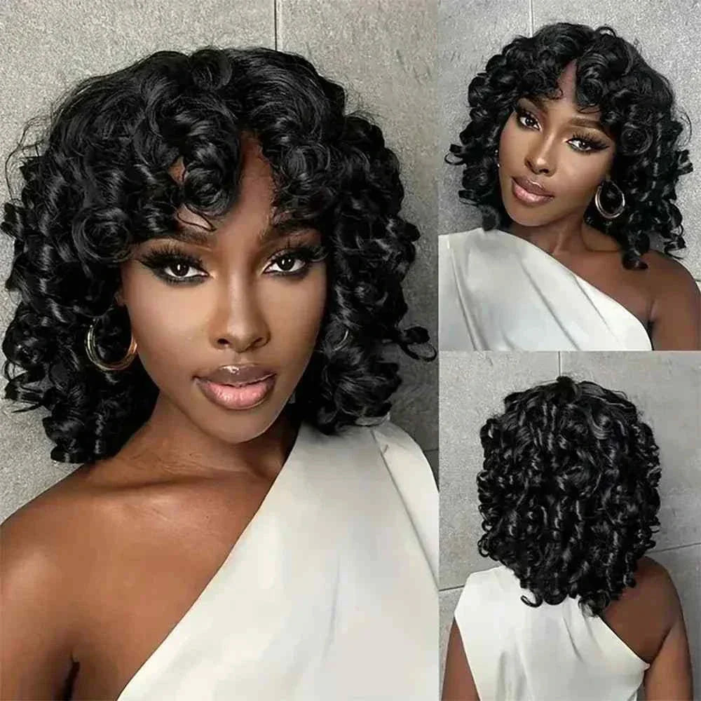 Brazilian rose curl pixie cut wig with bangs, water wave short bob, preplucked Remy hair.