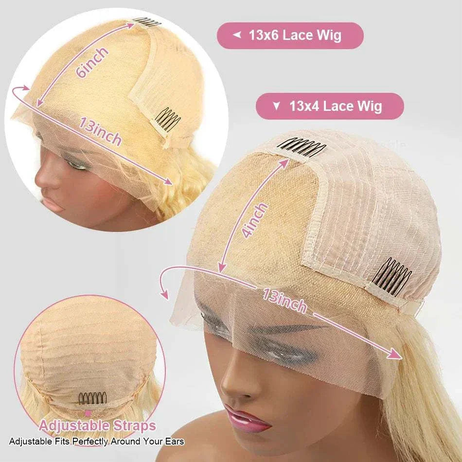 Chic Honey Blonde Body Wave Lace Wig - Authentic Human Hair, lace front, adjustable straps, Remy Brazilian hair, transparent lace, body wave style.