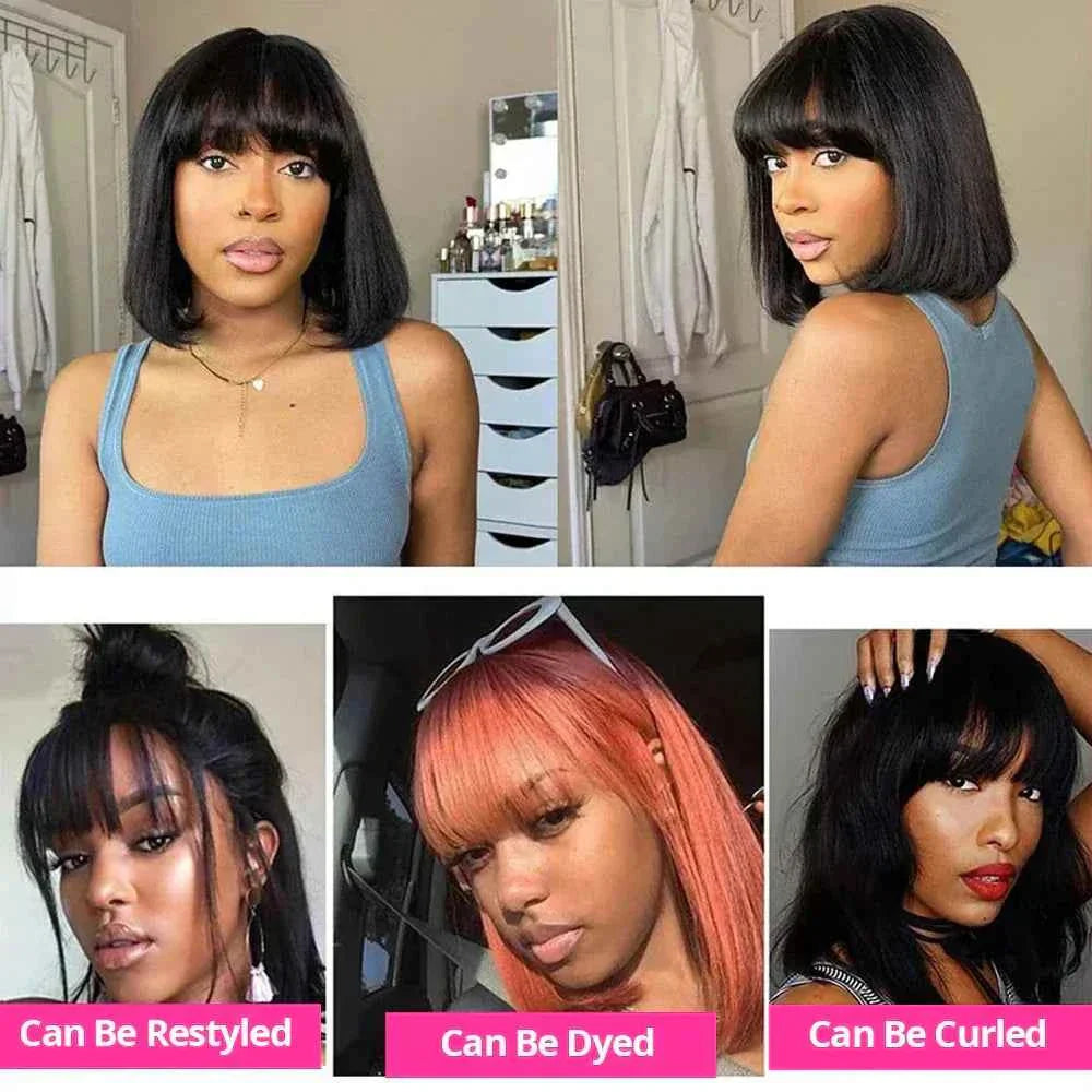 Human hair wig with bangs, straight bob style, Remy Brazilian hair.