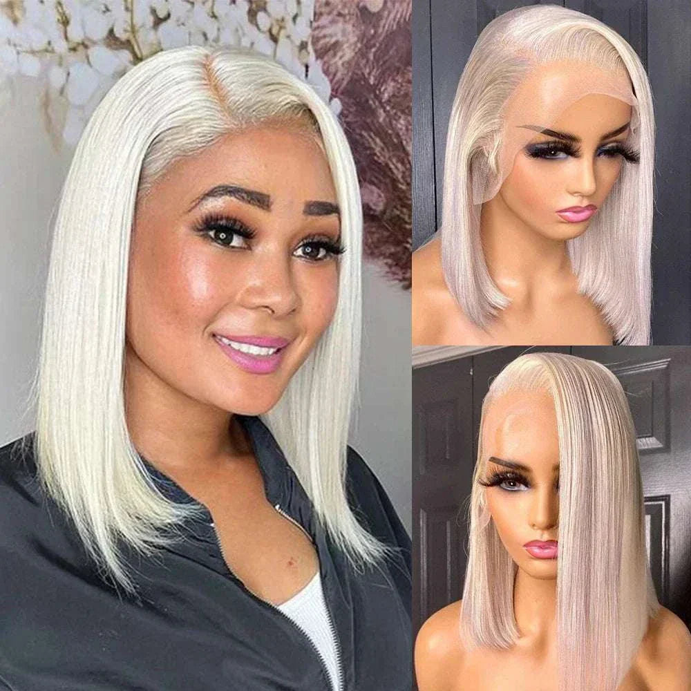 13x4 platinum ash blonde lace front wig, short bob style, HD transparent lace, Brazilian virgin human hair, pre-plucked natural hairline.