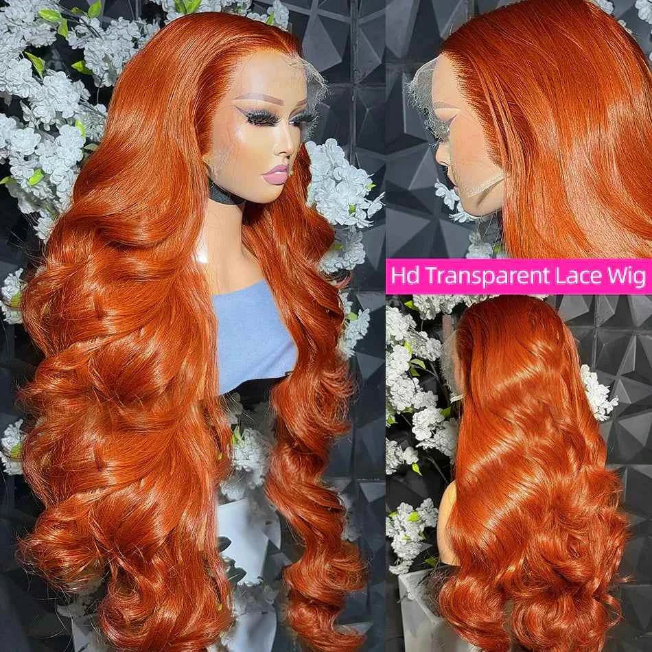 220 Body Wave Ginger Orange Transparent Lace Front Human Hair Wig with Remy Hair