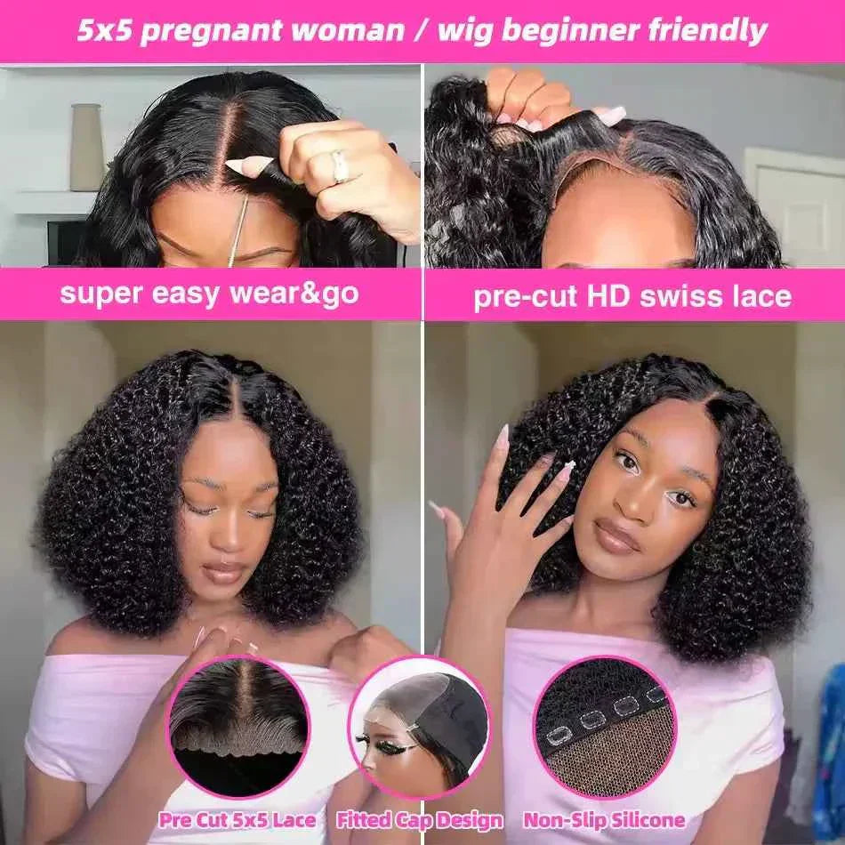 100% Human Hair Curly Short Bob Wig with HD Lace Frontal and Deep Wave Design.