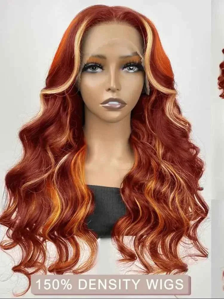 Burgundy highlight wig with ginger and honey blonde ombre, body wave, 40-inch human hair lace front, 13x6 HD frontal.