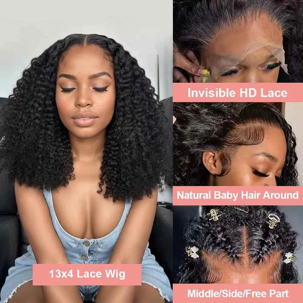 Short curly bob human hair wig with loose deep wave, Brazilian natural black pixie cut, lace front design.