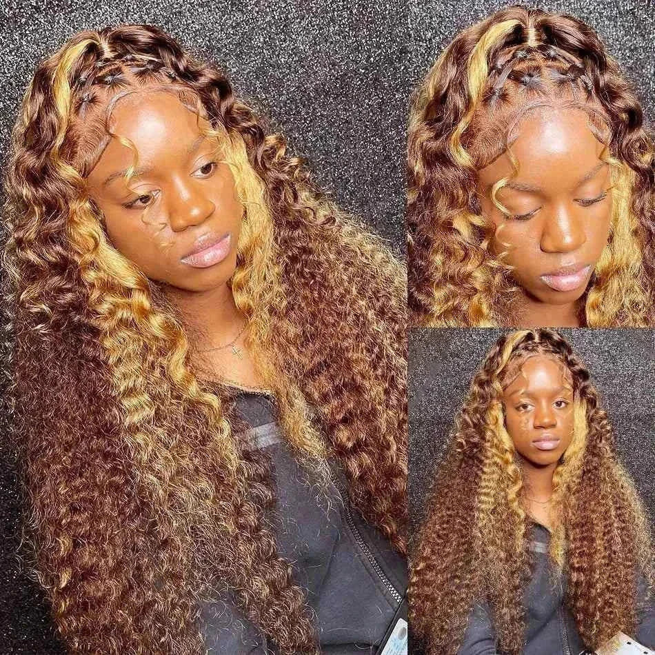 Long curly highlight ombre wig with HD lace, glueless, 13x4 front, and 13x6 colored lace frontal.