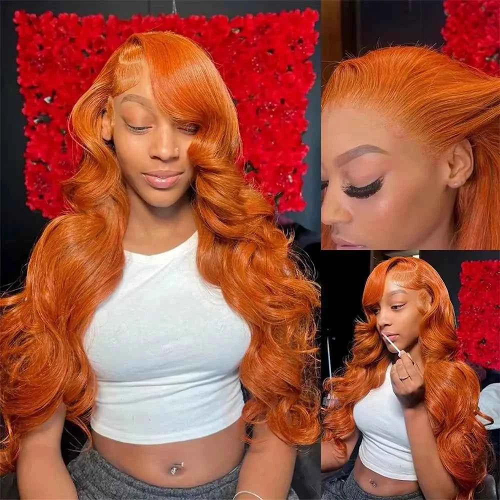 220% body wave ginger orange transparent lace front human hair wig with 13x6 and 13x4 lace frontal.